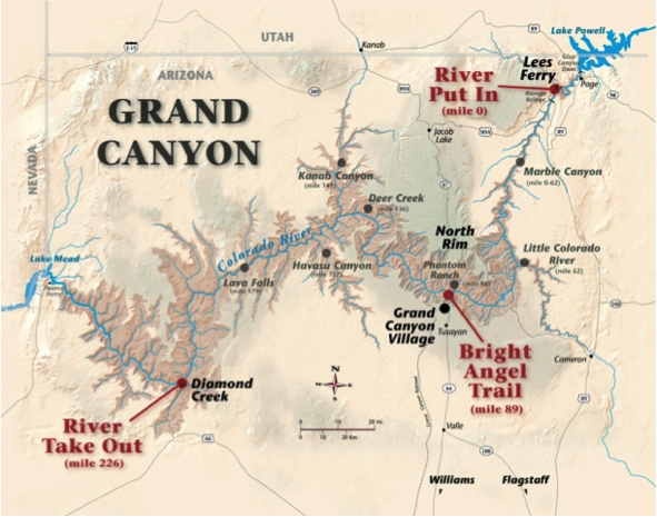 Map of the canyon (taken from https://azraft.com/grand-canyon-trips/length-options/)